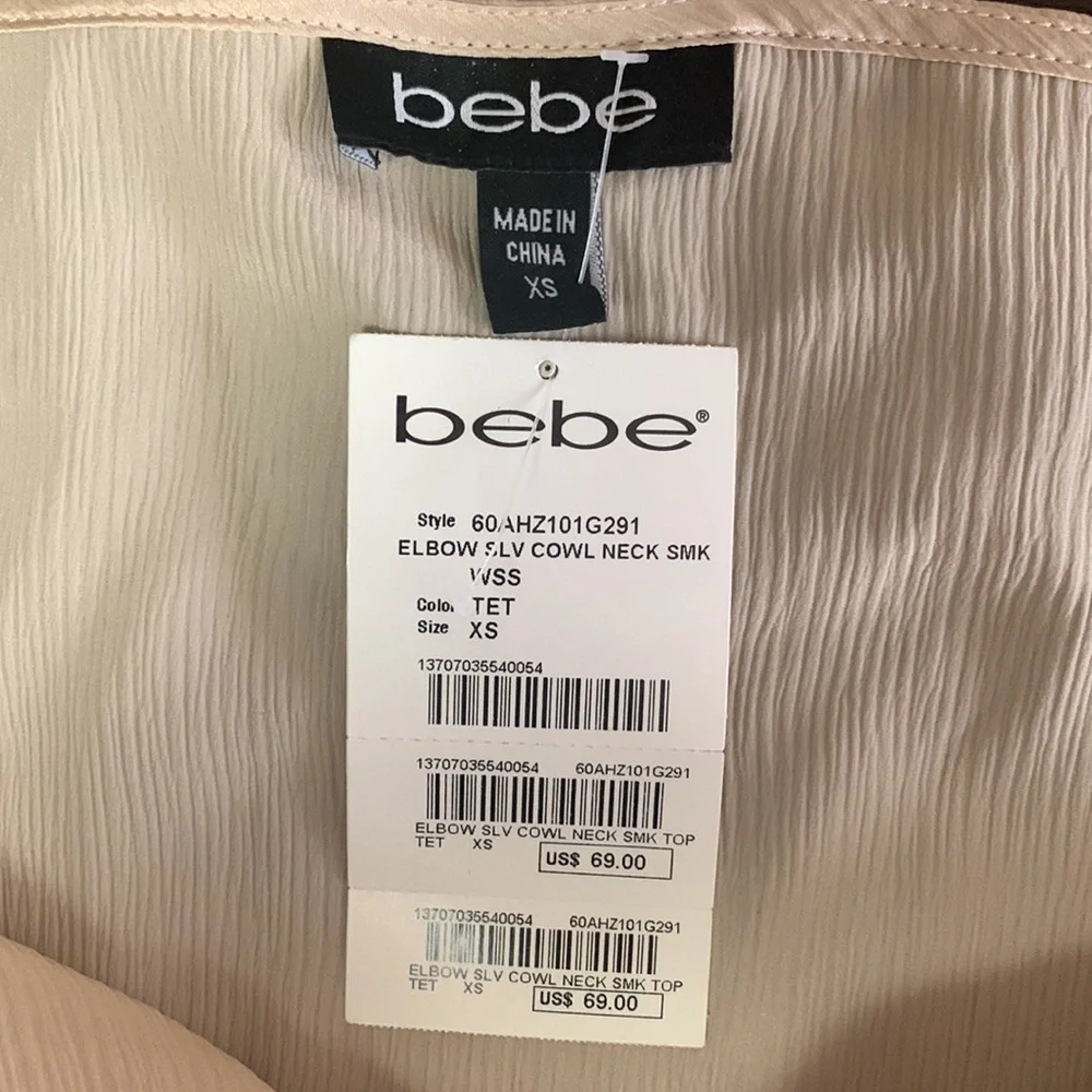 bebe Silky Puff Sleeve Cream Cowl Neck Top XSmall NWT - Picture 3 of 7